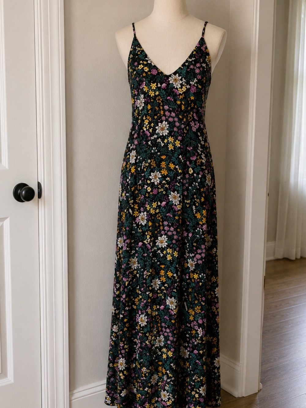 Old Navy Black Floral Maxi Dress with Yellow & Pink Accents Medium